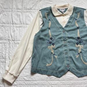 Alfred dunner Vintage embroidered vest shirt set floral ribbon bow sz L grandma